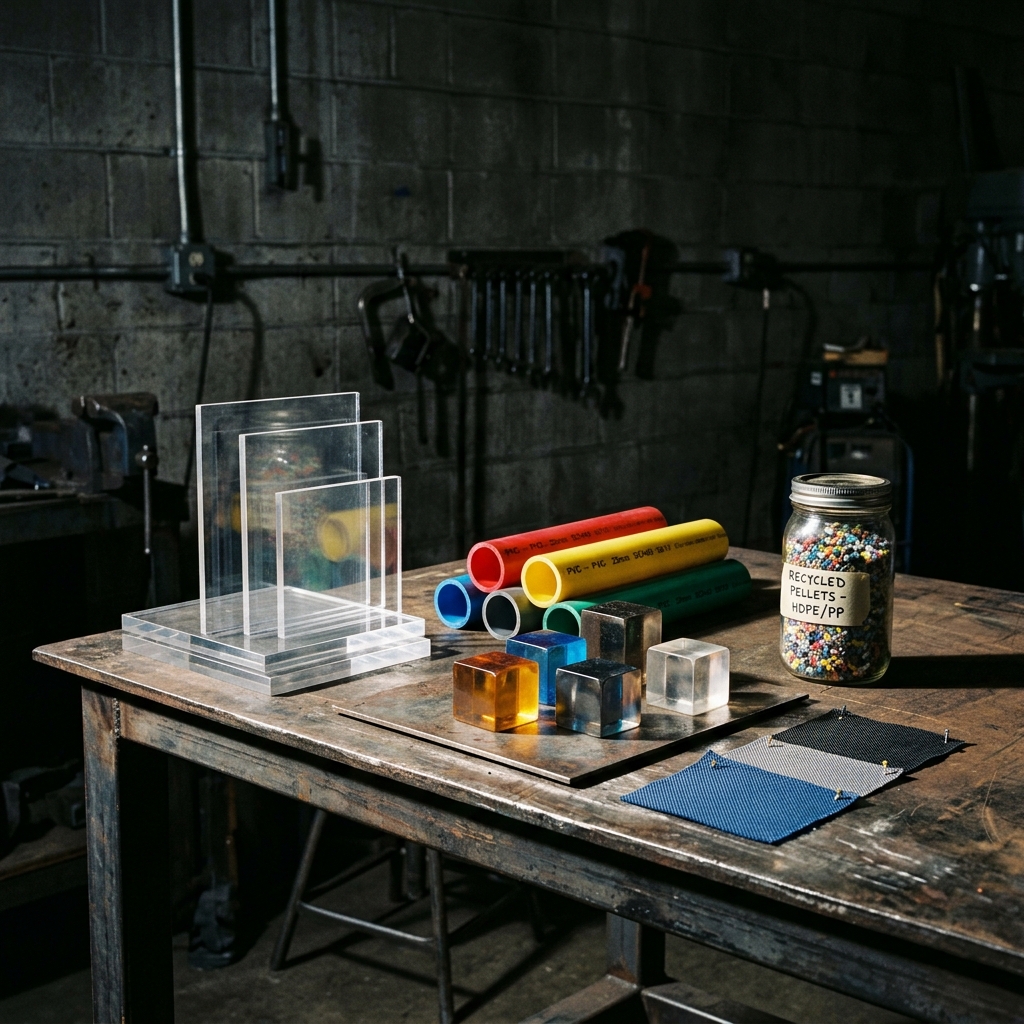 Plastic material samples in an industrial workshop